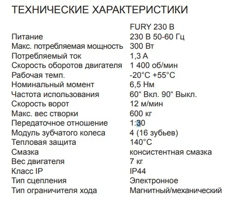 ТехДанные Мотор редуктор FURY BAME